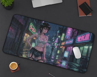 Rainy Neon Tokyo Street Alley Japan Night City Anime Desk Mat | Neon Lofi Gaming Mouse Pad XL | Japanese Deskmat Playmat | Japan Gift