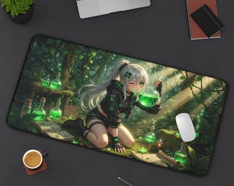 Alchemist Girl Enchanted Forest Potion Fantasy Anime Desk Mat | Cottagecore Gaming Mouse Pad XL | Deskmat Mtg Tcg Playmat | Dnd Gift