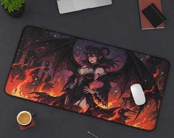 Demon Queen Bat Wings Inferno Dark Fantasy Anime Desk Mat | Gothic Gaming Mouse Pad XL | Deskmat MTG TCG Playmat | Goth Gift