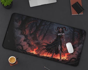 Thorn Forest Demon Fire Horns Dark Fantasy Anime Desk Mat | Gothic Halloween Gaming Mouse Pad XL | Deskmat Mtg Tcg Playmat | Goth Gift