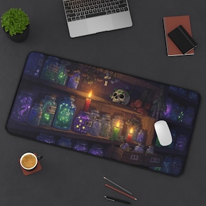 May include: A rectangular desk mat featuring a dark, detailed illustration of wooden shelves filled with glowing glass jars, candles, and a skull. The artwork displays various plants and flowers inside the jars, illuminated by warm light.