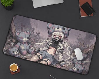 Bear Gas Mask Graveyard Yami Kawaii Anime Desk Mat | Menhera Pastel Goth Gaming Mouse Pad XL | Deskmat Playmat | Alt Gift