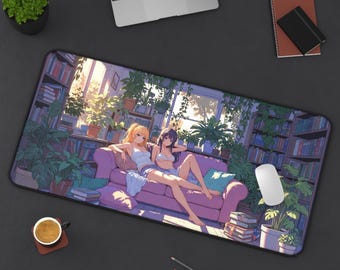 Anime Girls Lounge Plant Room Desk Mat | Cottagecore Cozy Aesthetic Anime Mouse Pad XL | Deskmat Playmat | Large Mousepad