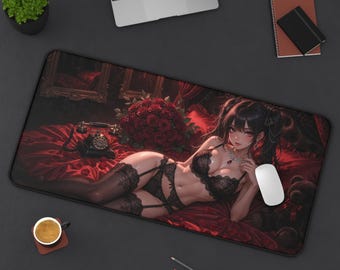Gothic Rose Waifu Sexy Anime Desk Mat | Gothic Halloween Waifu Gaming Mouse Pad XL | Anime Girl Deskmat Playmat | Gamer Gift