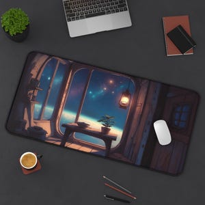 Tappetino per scrivania XL, accogliente cabina spaziale, finestra galattica, arte anime, grande tappetino per mouse, tappetino per tastiera rustico lo-fi, configurazione spaziale cottagecore, regalo estetico spaziale