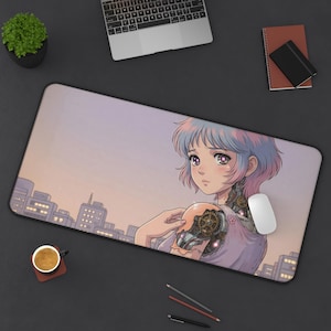 XL Desk Mat Retro Anime Android Girl Steampunk City Art Large Mouse Pad Pastel Cyborg Keyboard Mat Aesthetic Sci-Fi Setup Gift for Anime Fan