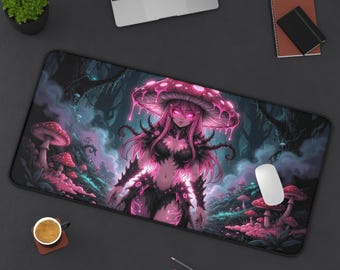 Mushroom Spirit Fungal Goddess Dark Forest Fantasy Anime Desk Mat | Cottagecore Gaming Mouse Pad XL | Deskmat Mtg Tcg Playmat | DnD Gift