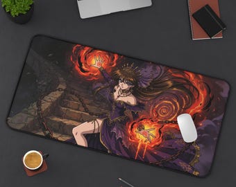 Fire Witch Sorceress Retro Magic Dark Fantasy Anime Desk Mat | Gothic Halloween Gaming Mouse Pad XL | Deskmat MTG TCG Playmat | Goth Gift