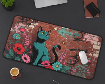 Street Art Graffiti Cat Wildflowers Kawaii Anime Desk Mat | Cute Gaming Mouse Pad XL | Deskmat MTG Playmat | Kawaii Gift