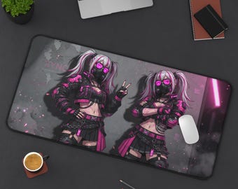 Gas Mask Girl Neon Pink Cyberpunk Anime Desk Mat | Vaporwave Synthwave Gaming Mouse Pad XL | Deskmat Playmat | Gamer Gift
