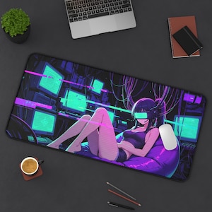 XL Desk Mat Retro Cyberpunk Anime Girl Hacker Art Large Gaming Mouse Pad Synthwave Neon Green Keyboard Dark Aesthetic Desk Setup Gamer Gift