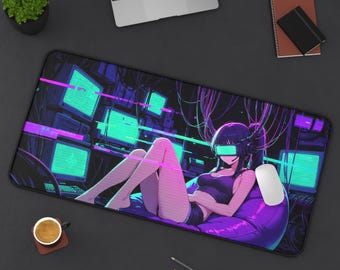 Retro Hacker Girl Neon Green Cyberpunk Anime Desk Mat | Vtuber Streamer Gaming Mouse Pad XL | Vaporwave Deskmat Playmat | Gamer Gift
