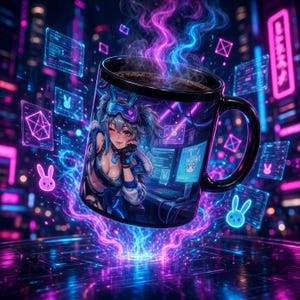 May include: A black ceramic mug featuring a vibrant anime-style illustration of a character with blue hair and bunny ears, surrounded by glowing neon digital interfaces, floating rabbit icons, and swirling purple and blue vapor.