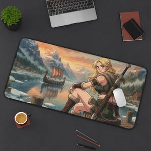 Viking Shieldmaiden Fjord Longship Fantasy Anime Desk Mat | Cottagecore Gaming Mouse Pad XL | Deskmat MTG TCG Playmat | DnD Gift