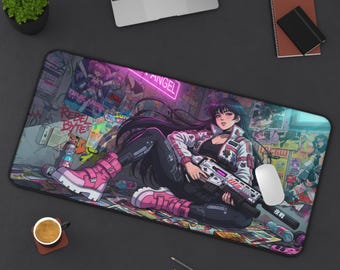 Rebel Girl Pink Neon Graffiti Cyberpunk Anime Desk Mat | Vaporwave Synthwave Gaming Mouse Pad XL | Deskmat Playmat | Gamer Gift