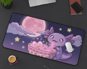 Axolotl Eating Ramen Moon Night Kawaii Anime Desk Mat | Cute Gaming Mouse Pad XL | Deskmat Mtg Playmat | Kawaii Gift