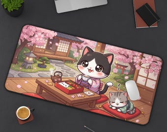 Kimono Cats Sakura Tea Bento Kawaii Anime Desk Mat | Cute Gaming Mouse Pad XL | Deskmat MTG Playmat | Kawaii Gift