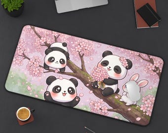 Panda Sakura Tree Cherry Blossom Kawaii Anime Desk Mat | Cute Gaming Mouse Pad XL | Deskmat Mtg Playmat | Kawaii Gift