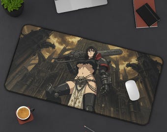 Chainsaw Warrior Mech Arm Cathedral Dark Fantasy Anime Desk Mat | Gothic Gaming Mouse Pad XL | Deskmat MTG TCG Playmat | Goth Gift