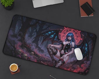 Succubus Neon Pentagram Dark Fantasy Anime Desk Mat | Gothic Halloween Gaming Mouse Pad XL | Deskmat MTG TCG Playmat | Goth Gift