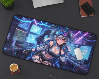 Cyber Bunny Gamer Girl Hacker Cyberpunk Anime Desk Mat | Vtuber Streamer Gaming Mouse Pad XL | Vaporwave Deskmat Playmat | Gamer Gift
