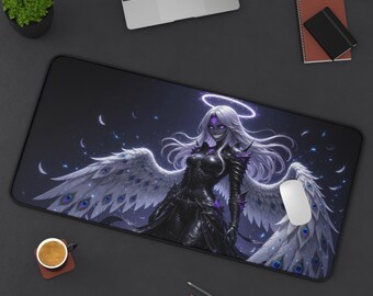 Corrupted Seraph Dark Angel Peacock Wings Dark Fantasy Anime Desk Mat | Gothic Gaming Mouse Pad XL | Deskmat MTG TCG Playmat | Goth Gift