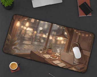Rainy Cafe Study Coffee Lofi Anime Desk Mat | Cozy Aesthetic Gaming Mouse Pad XL | Study Deskmat Playmat | Student Gift