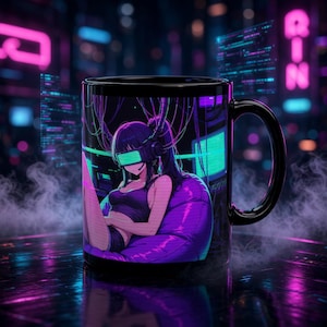 May include: A black ceramic mug featuring a vibrant graphic of a person with dark hair wearing a glowing green visor and headset, sitting in a purple beanbag chair surrounded by digital cables and neon blue computer screens.