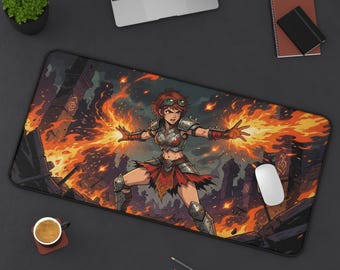 Fire Warrior Girl Armor Flames Dark Fantasy Anime Desk Mat | Gothic Gaming Mouse Pad XL | Deskmat MTG TCG Playmat | Goth Gift