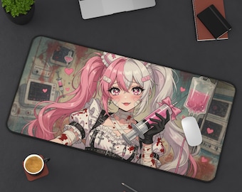 Nurse Syringe Horror Yami Kawaii Anime Desk Mat | Menhera Pastel Goth Gaming Mouse Pad XL | Deskmat Playmat | Alt Gift