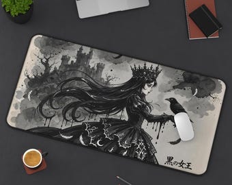 Black Queen Raven Crown Ink Wash Dark Fantasy Anime Desk Mat | Gothic Gaming Mouse Pad XL | Deskmat MTG TCG Playmat | Goth Gift