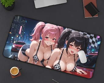 May include: A rectangular mousepad featuring an anime-style illustration of two women in checkered bikinis posing near a red sports car. The background depicts a city street at night with neon lights and a checkered flag.