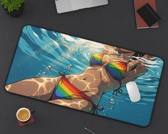 Rainbow Swimmer Underwater Summer Pride Anime Desk Mat | Rainbow LGBTQ Gaming Mouse Pad XL | Deskmat Playmat | Pride Gift