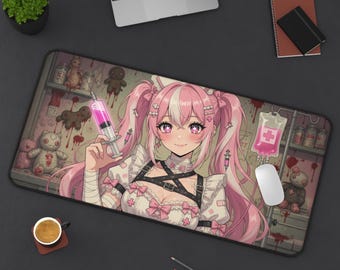 Nurse Pink Bow Voodoo Hospital Yami Kawaii Anime Desk Mat | Menhera Pastel Goth Gaming Mouse Pad XL | Deskmat Playmat | Alt Gift