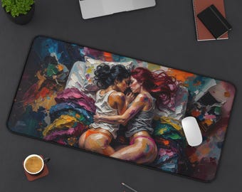 Romantic Couple Fine Art Yuri Anime Desk Mat | Girls Love Waifu Gaming Mouse Pad XL | Anime Girl Deskmat Playmat | Sapphic Gift