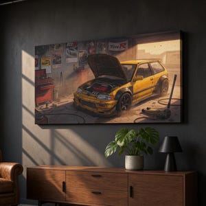 May include: A rectangular wall art print depicting a yellow hatchback car with its hood open inside a garage. The scene includes a red tool chest, various posters on the wall with the text Type R, and a floor jack on the concrete floor.