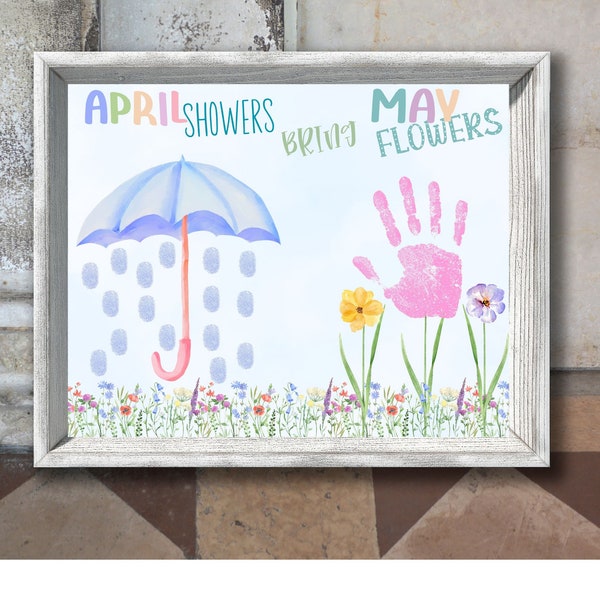 April Showers Brings May Flowers Spring Handprint Art Template|Preschool Spring Art| Easy Spring Craft|Spring Fingerprint craft
