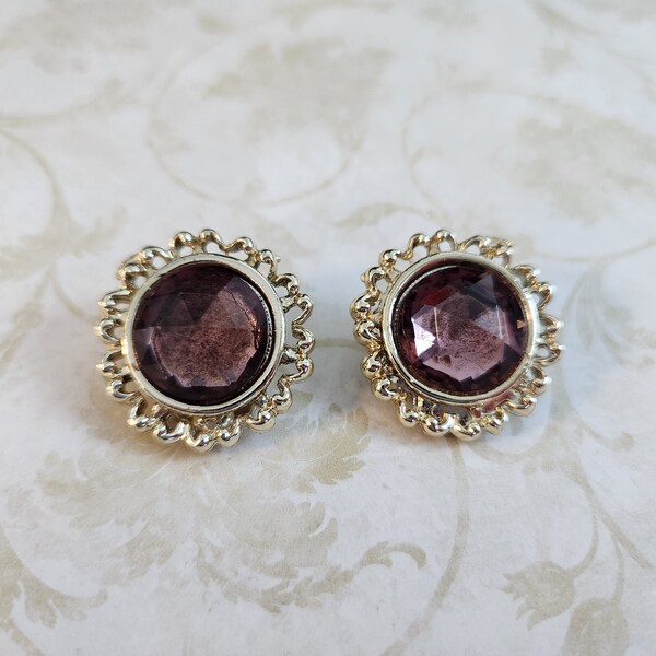 Vintage Purple Rhinestone Silver Tone Mid-century Costume Clip-on Earrings