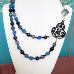 Stunning Vintage Blue Multi-strand Beaded Asymmetrical Statement Necklace. ONE OF A KIND! Gothic Dark Queen Essence.