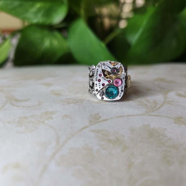 Vintage Steam Punk Pink and Teal Rhinestone Antique Watch Parts  Adjustable Cocktail Ring Statement Piece UPCYCLED RECYCLED