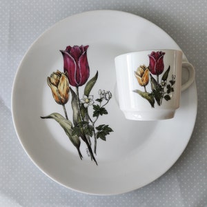 Vintage JSC Tulip Flower Garden 10&quot; Plate and Teacup Fine China Set Mid-Century Modern
