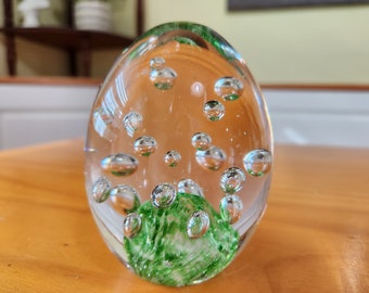 Vintage Hand Blown Glass Egg Paperweight with Green Accents and Bubbles