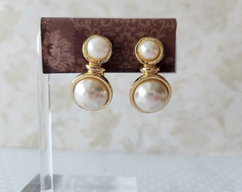 Vintage Gold Tone and Double Faux Pearl Clip-on Earrings SIGNED NLH Antique Retro Costume Jewelry