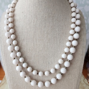 Vintage White Beaded Double Strand Necklace SIGNED JAPAN with Original Clasp Costume Jewelry