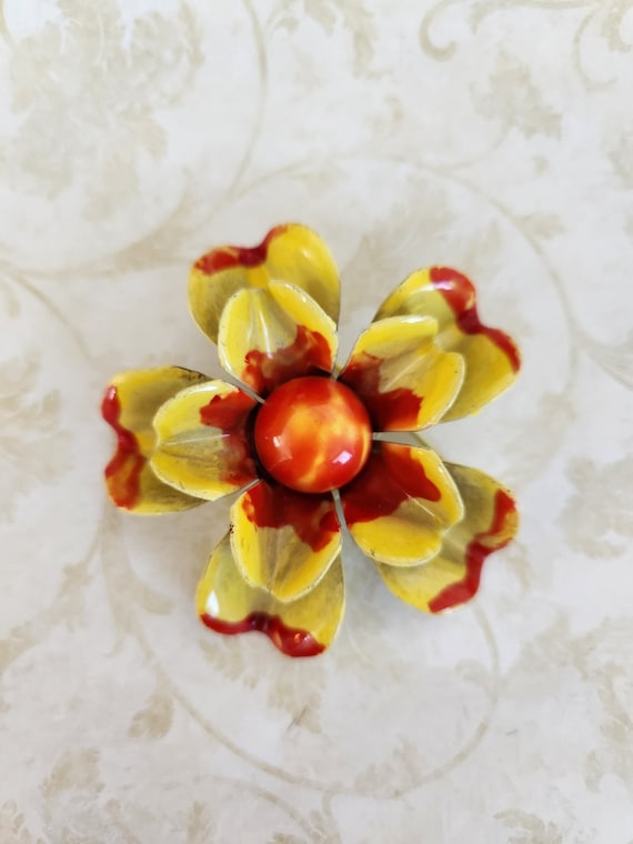 Vintage Red and Yellow Enamel Flower Brooch Mid Ce