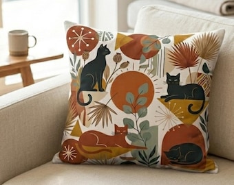 Black Cat Throw Pillow, Mid Century Modern Decor, Boho Cushion