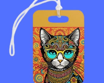 Hippie Cat Luggage Tag: Colorful Boho Travel Gift