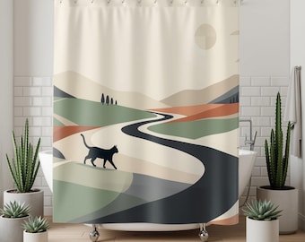 Scandinavian Shower Curtain with Black Cat Design, Modern Minimalist Bath Curtain