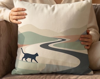 Scandinavian Pillow Cover, Whimsical Black Cat Design, Japandi Contemporary Home Decor Accent