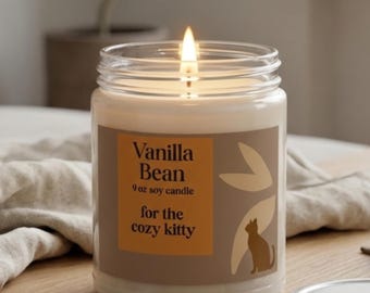 Vanilla Bean Soy Candle, Cozy Home Decor, Cat Mom Gift, 9 oz Wax Blend